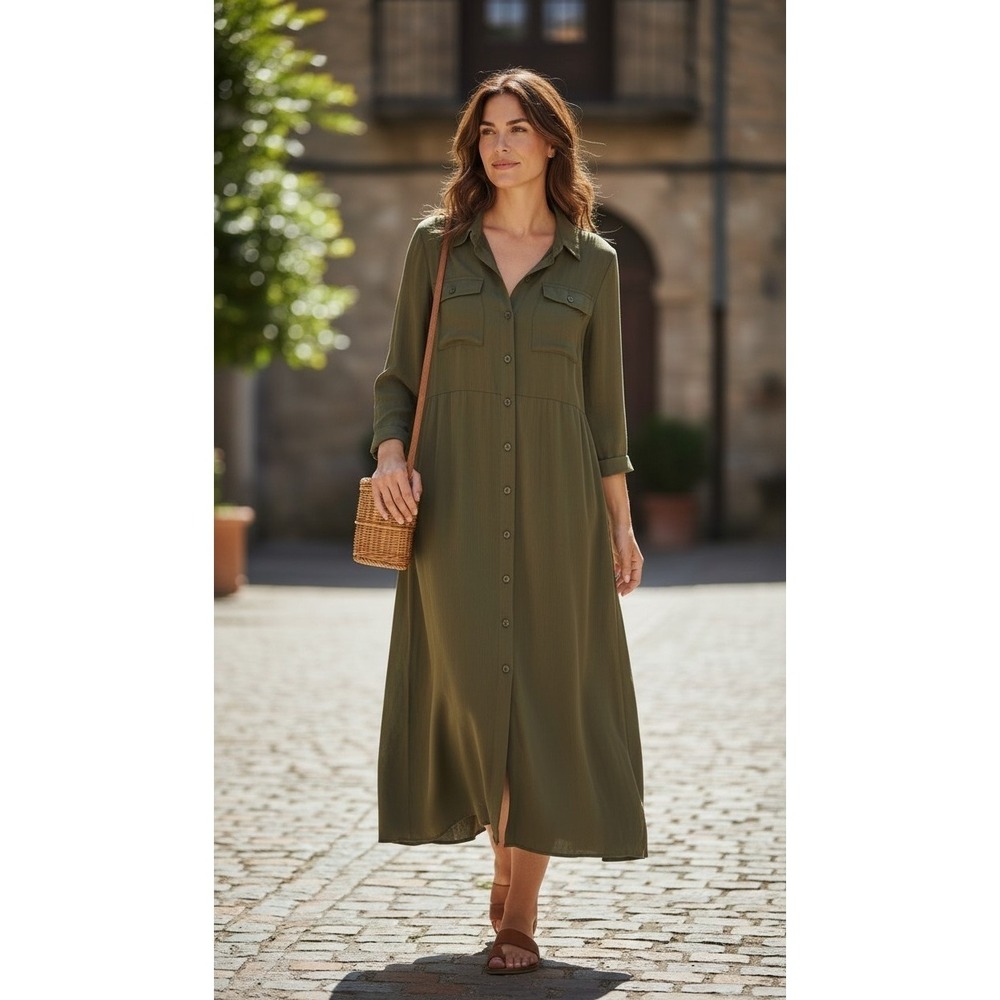 Spartina 449 Peyton Shirt Dress Olive Green Cupro Midi Womens L Boho Safari $208